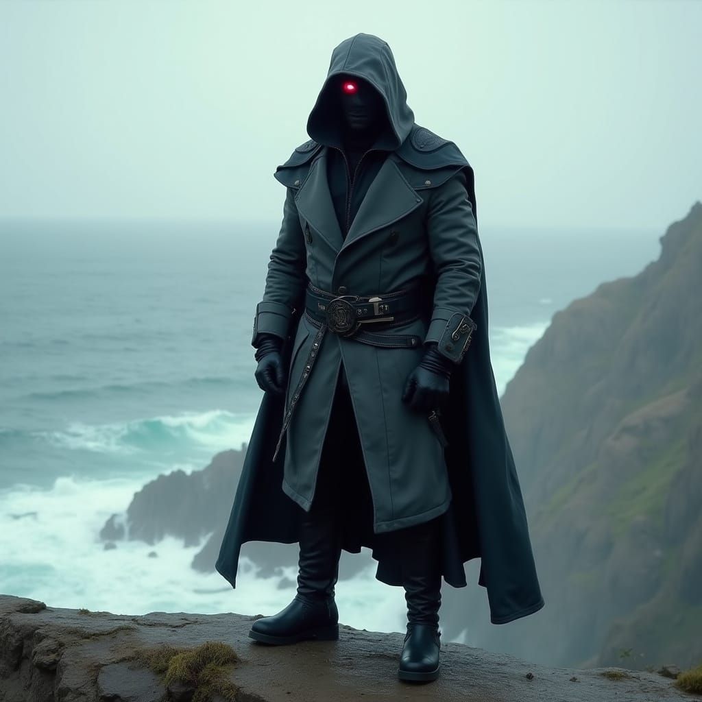 Dystopian Watcher Overlooking a Turbulent Ocean