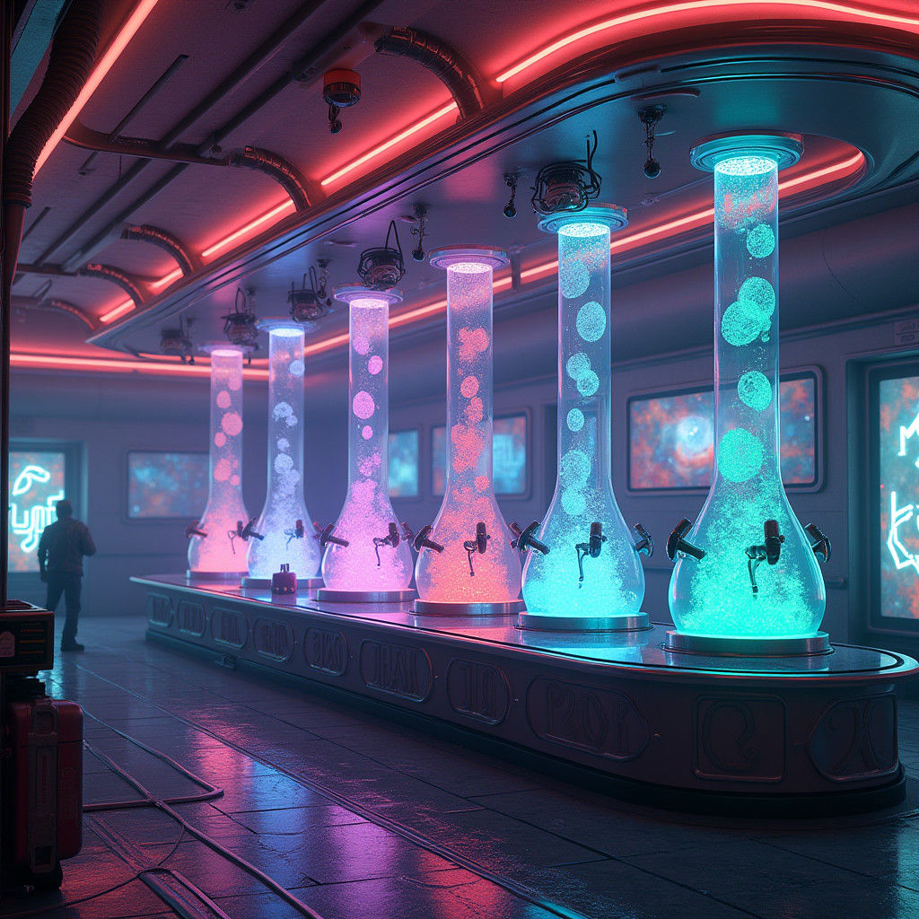 Cyberpunk Space Station Fuel Stop in Vibrant Neon Lights