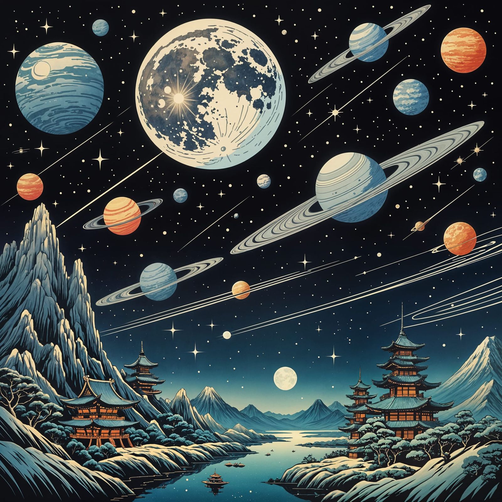 Starfield with Retrofuturist Starship in Ukiyo-e Style