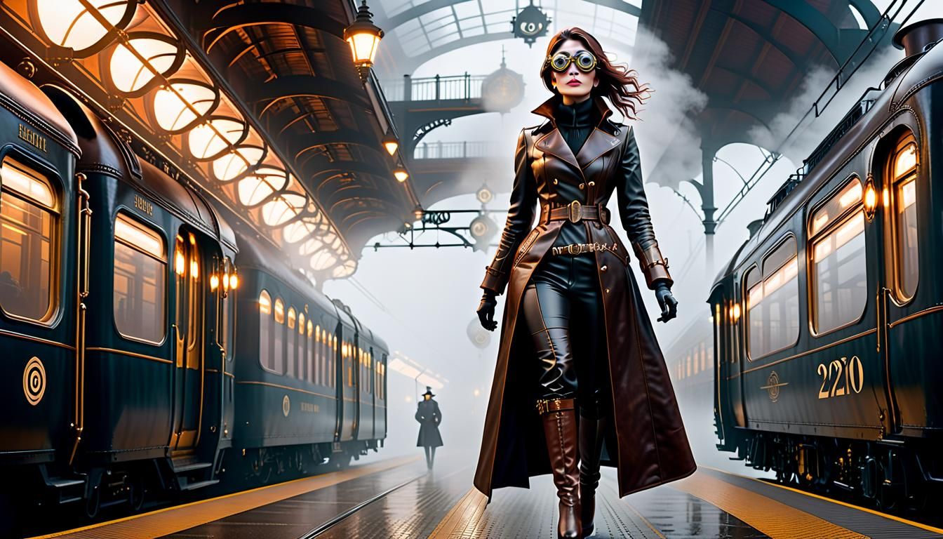 Steampunk Woman on Foggy Train Platform