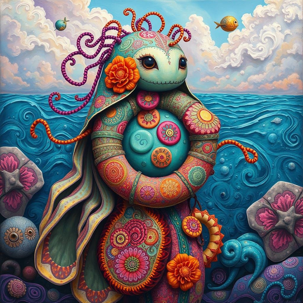 Surreal Hybrid Sea Cucumber Lifebuoy in Impasto Style