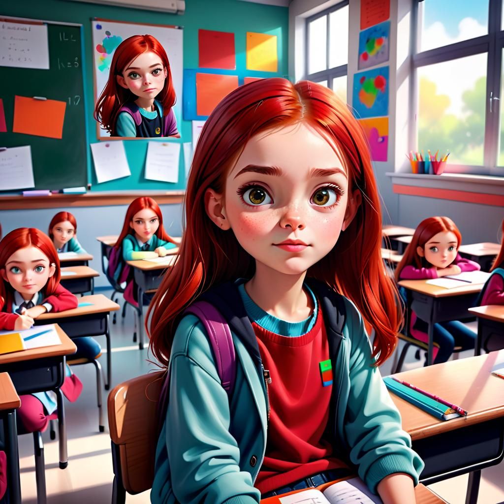 Whimsical Girl with Naughty Face in Classroom