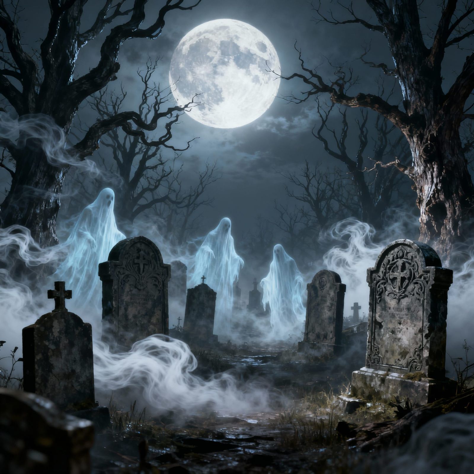 Eerie Graveyard with Ghosts and Spooky Trees Under Full Moon