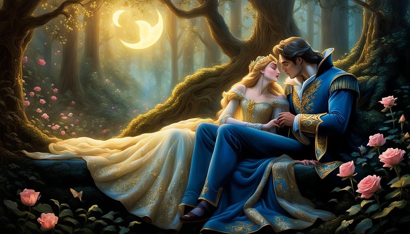 Sleeping Beauty Kissed by Prince in Watercolor