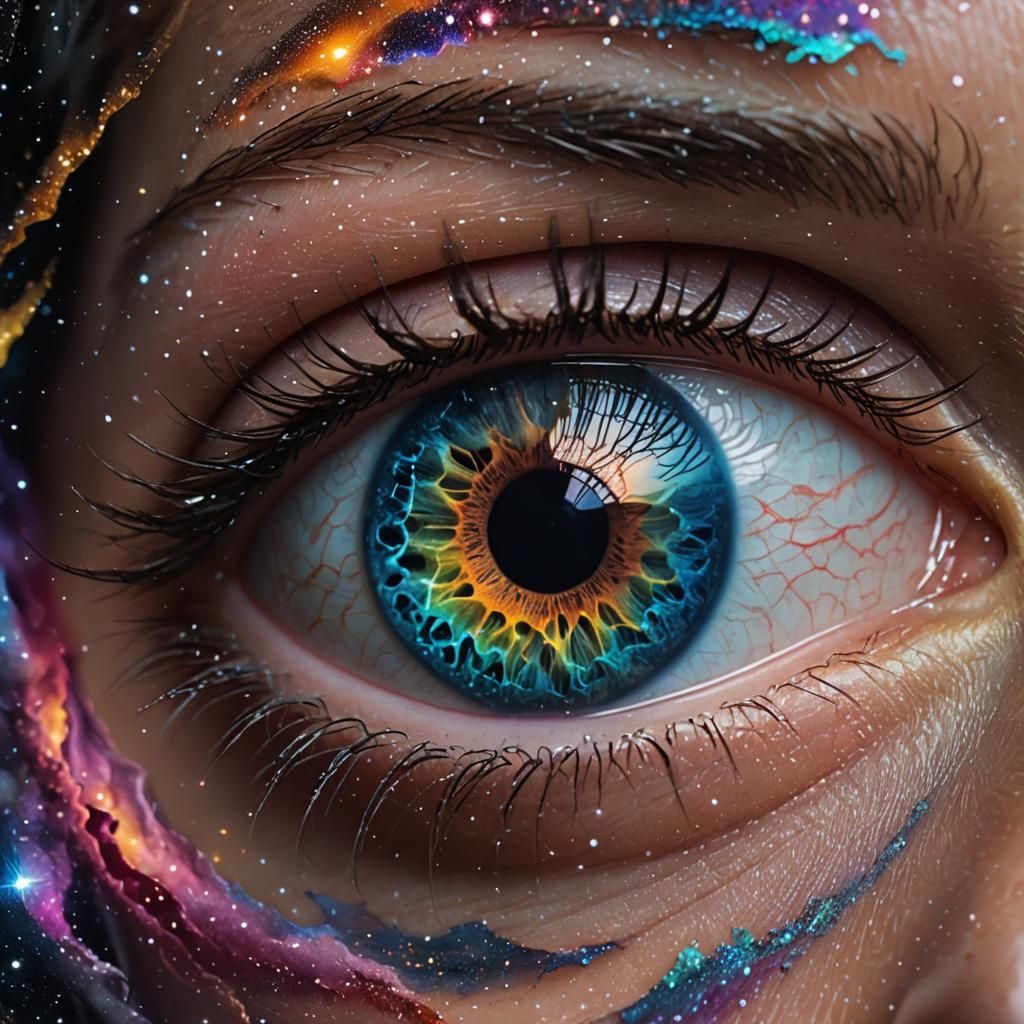 Surreal Eye Reflecting Swirling Galaxy in Macro