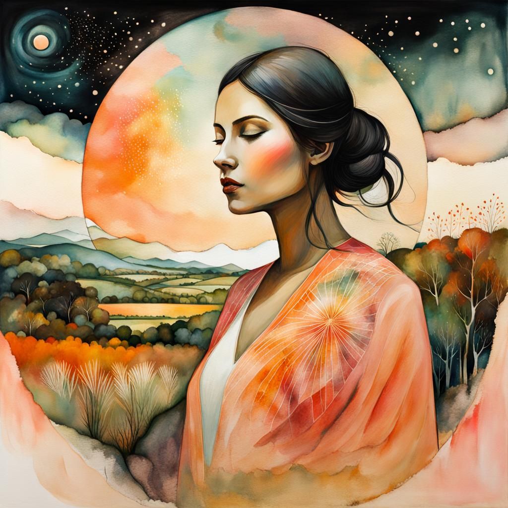 Woman and Summer Landscape in Double Exposure Illustration