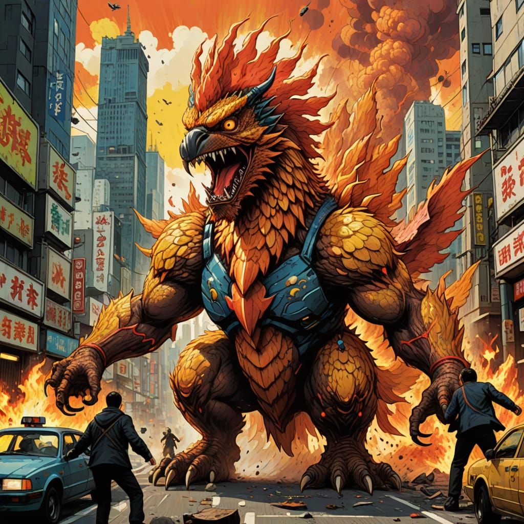 Giant Chicken Monster Battles Fierce Feline in City Street A...