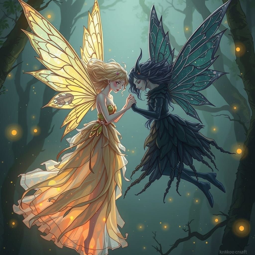 Whimsical Light and Dark Fairy Confrontation in Ethereal Moo...
