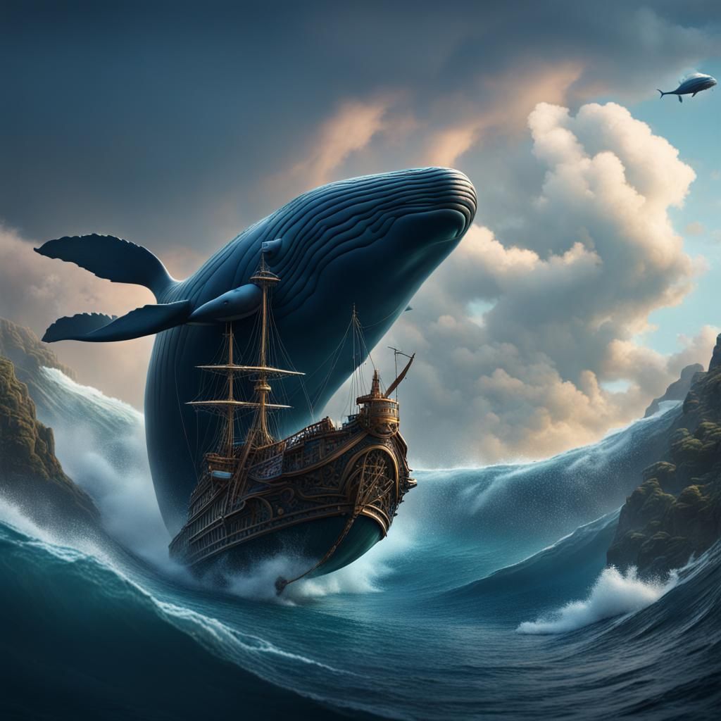 Whale and Baby Swim in Cloudy Sky, Detailed Matte Painting
