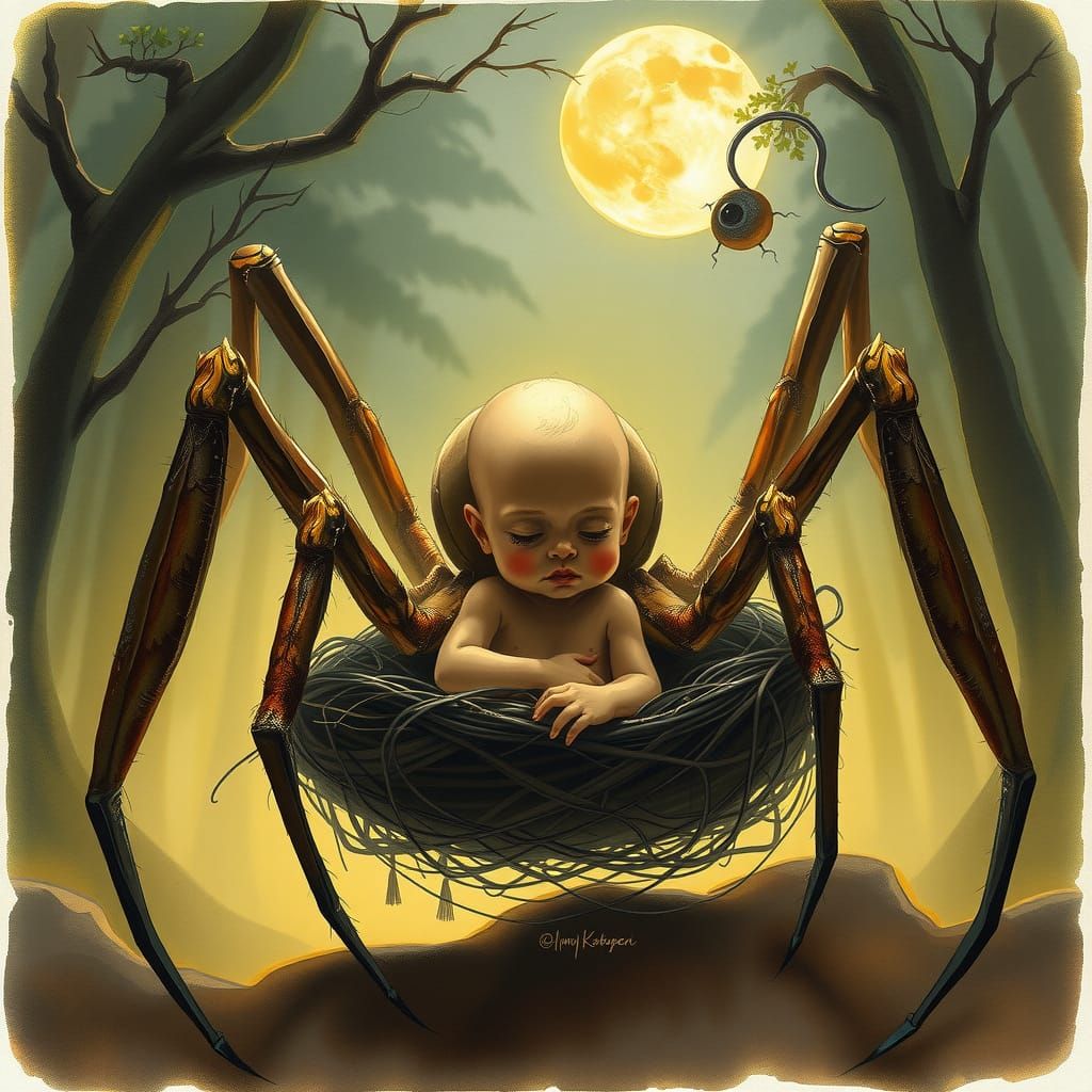 Giant Spider Cradling Infant in Cozy Web Nest