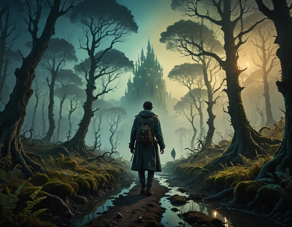 Ethereal Wanderer in Bioluminescent Forest: Surreal Matte Pa...