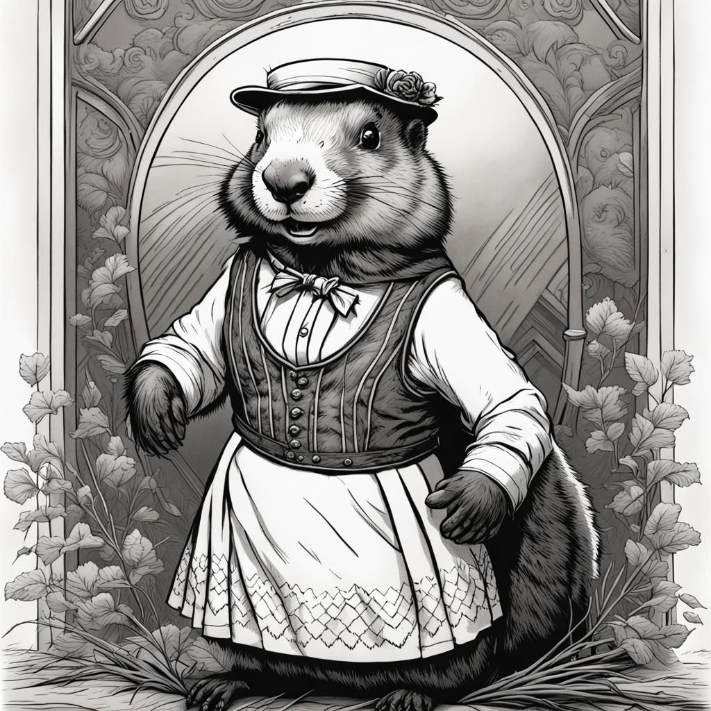 Marmot in Dirndl: A Tenniel-esque Black and White Drawing