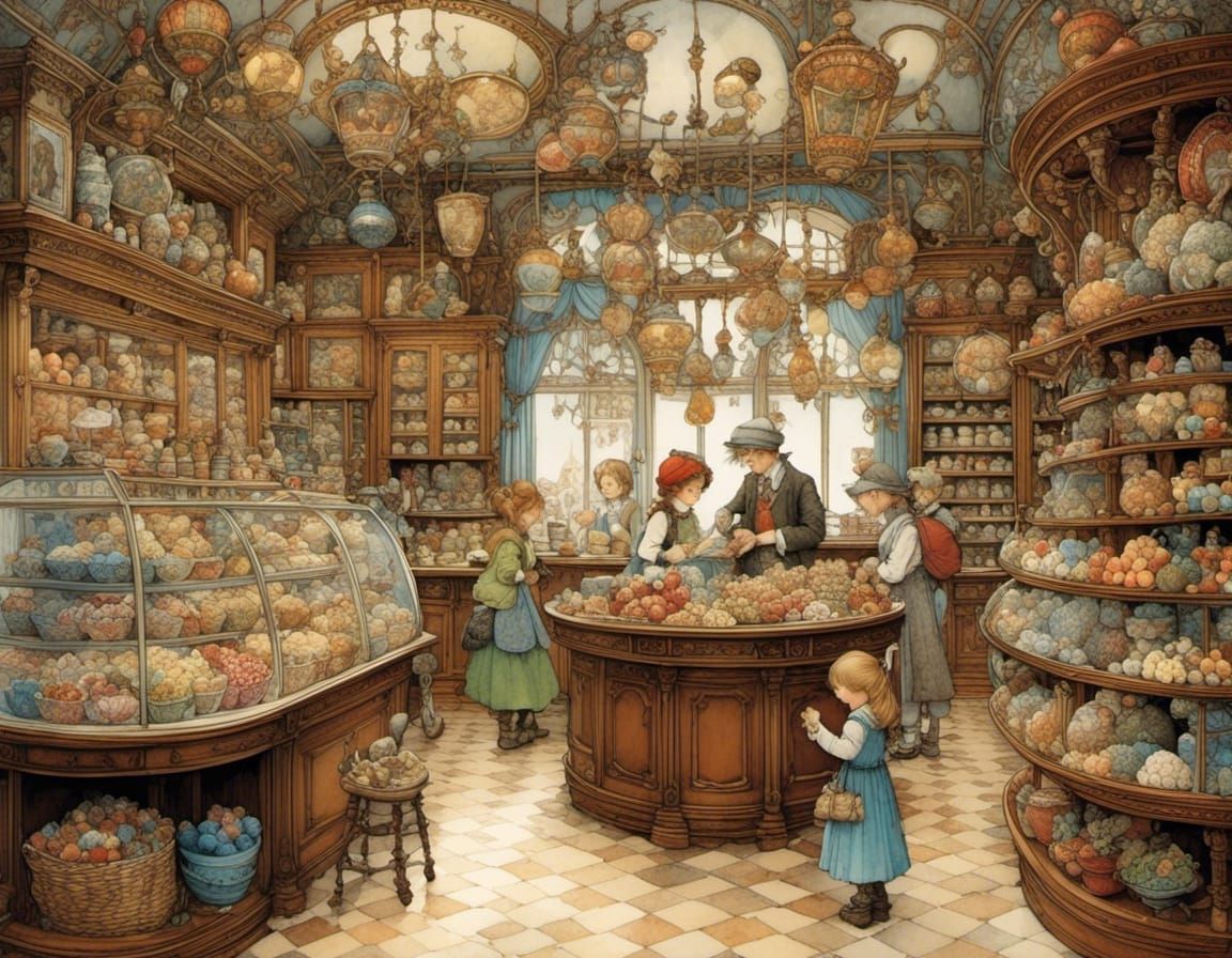 Family in Candy Shop, Illustrated Storybook Style