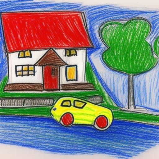 Naive Crayon Drawing of Car, House, and Tree