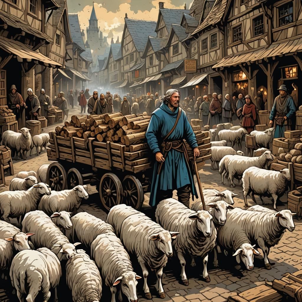 Medieval Market Barter Scene in Comic Book Art