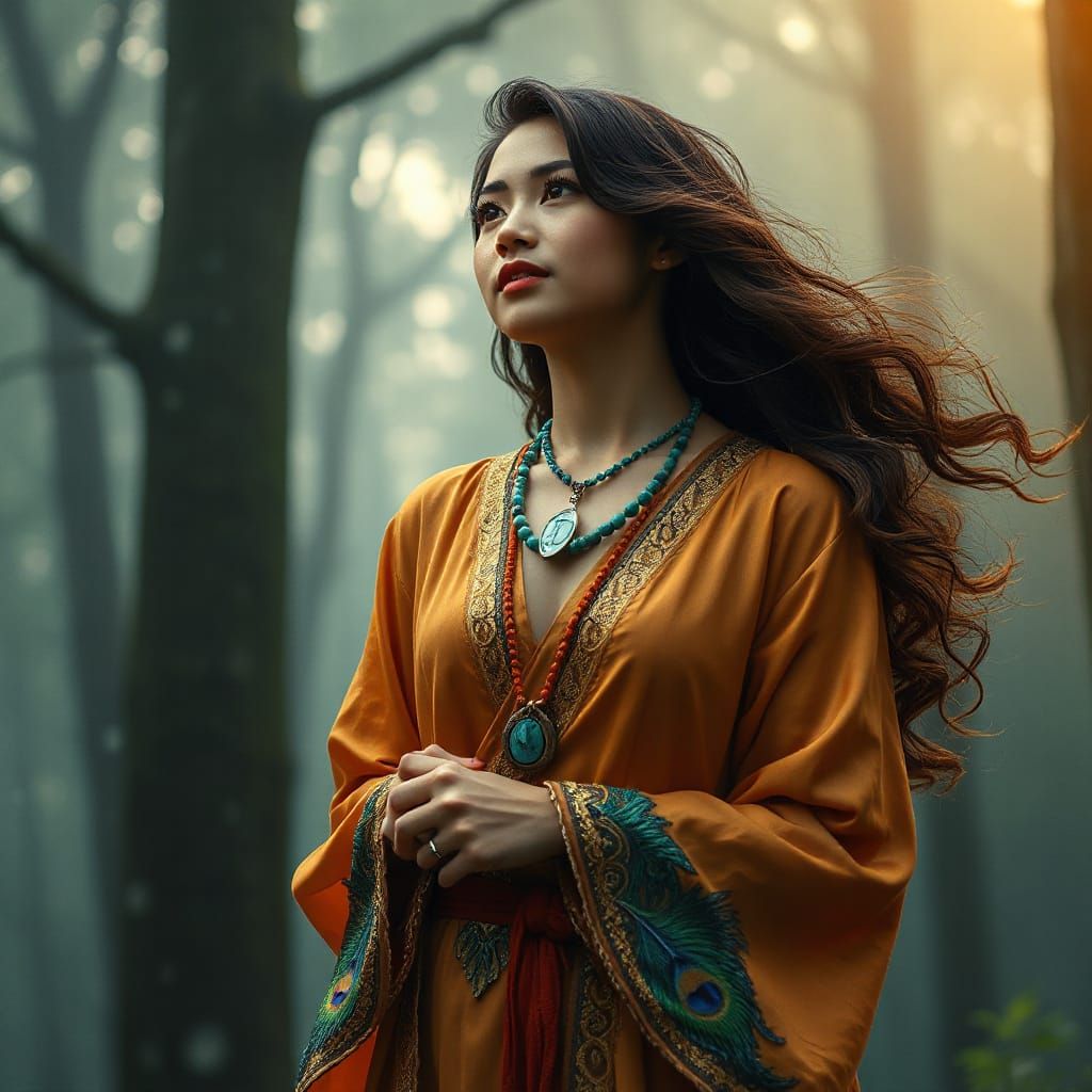 Ethereal Woman in Misty Ancient Forest at Twilight