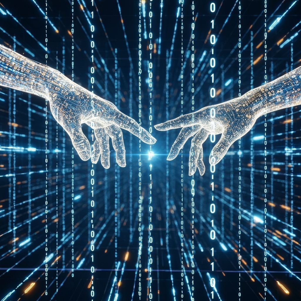 Digital Hands of Binary Code Connect in Neon Glow