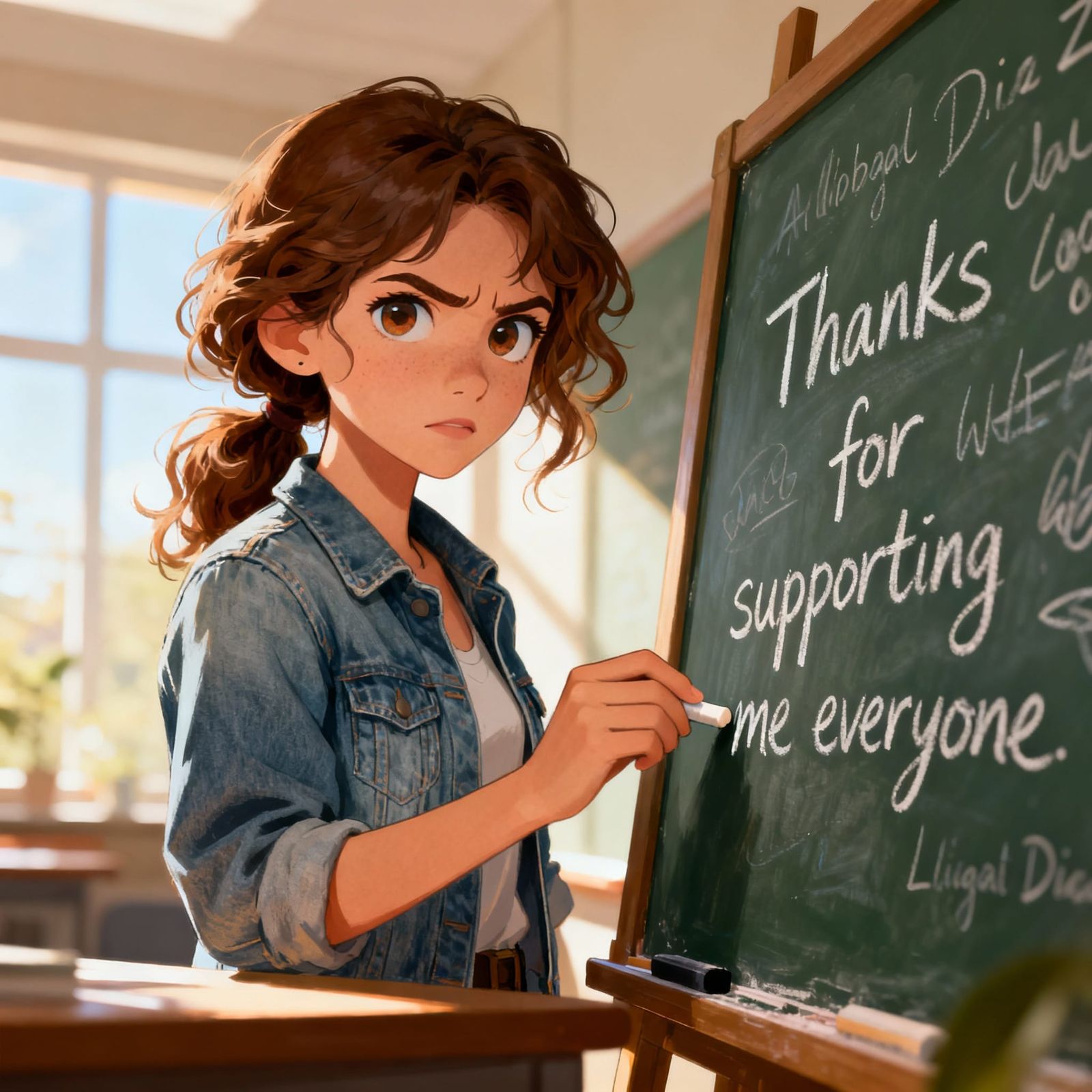 Young Woman Writing Thanks on Chalkboard in Digital Painting...