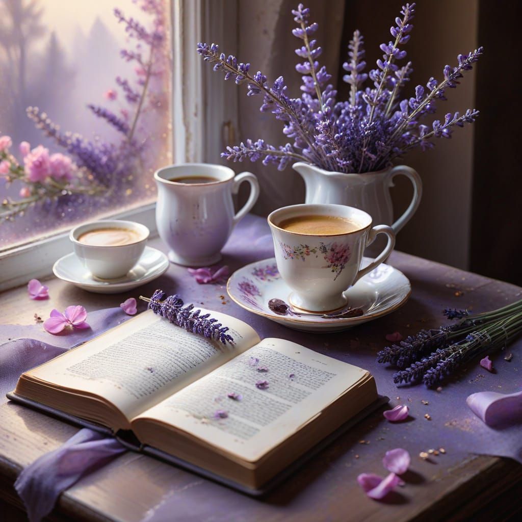 Dreamy Still Life with Coffee, Book and Flowers