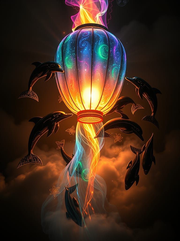 Bioluminescent Dolphins Swirling Around a Rainbow Lantern