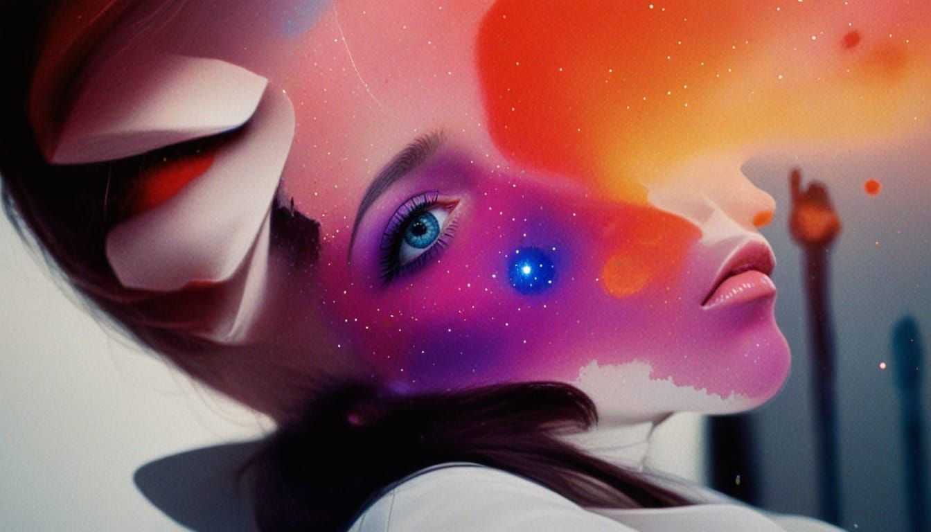 Surreal Stardust Portrait with Tiny Figure