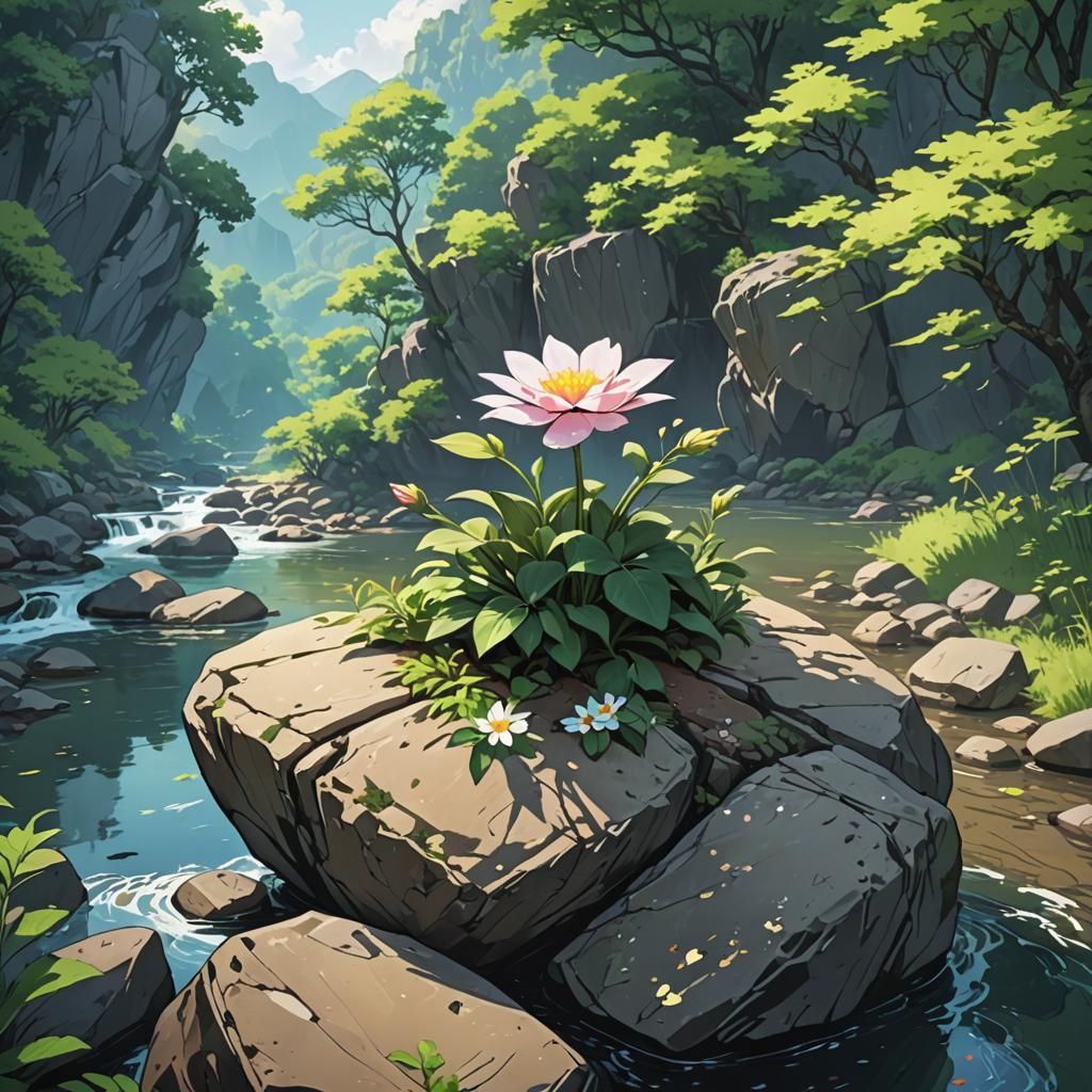 Anime Flower Blossoms on River Rock