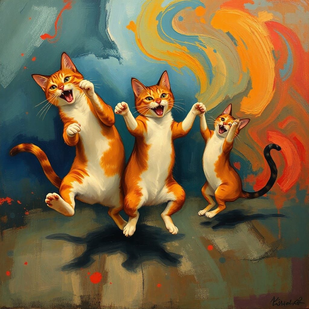 Whimsical Feline Dance in Vibrant Neo-Impressionist Style