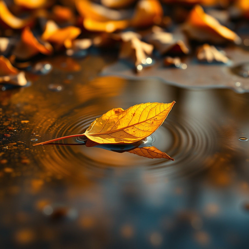 Golden Leaf Reflecting Autumn Colors in Puddle