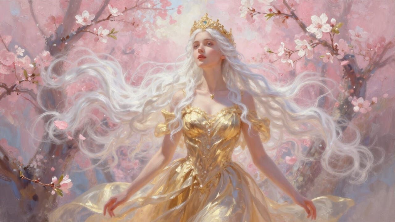 Ethereal Woman in Gold Gown Amidst Blossoms