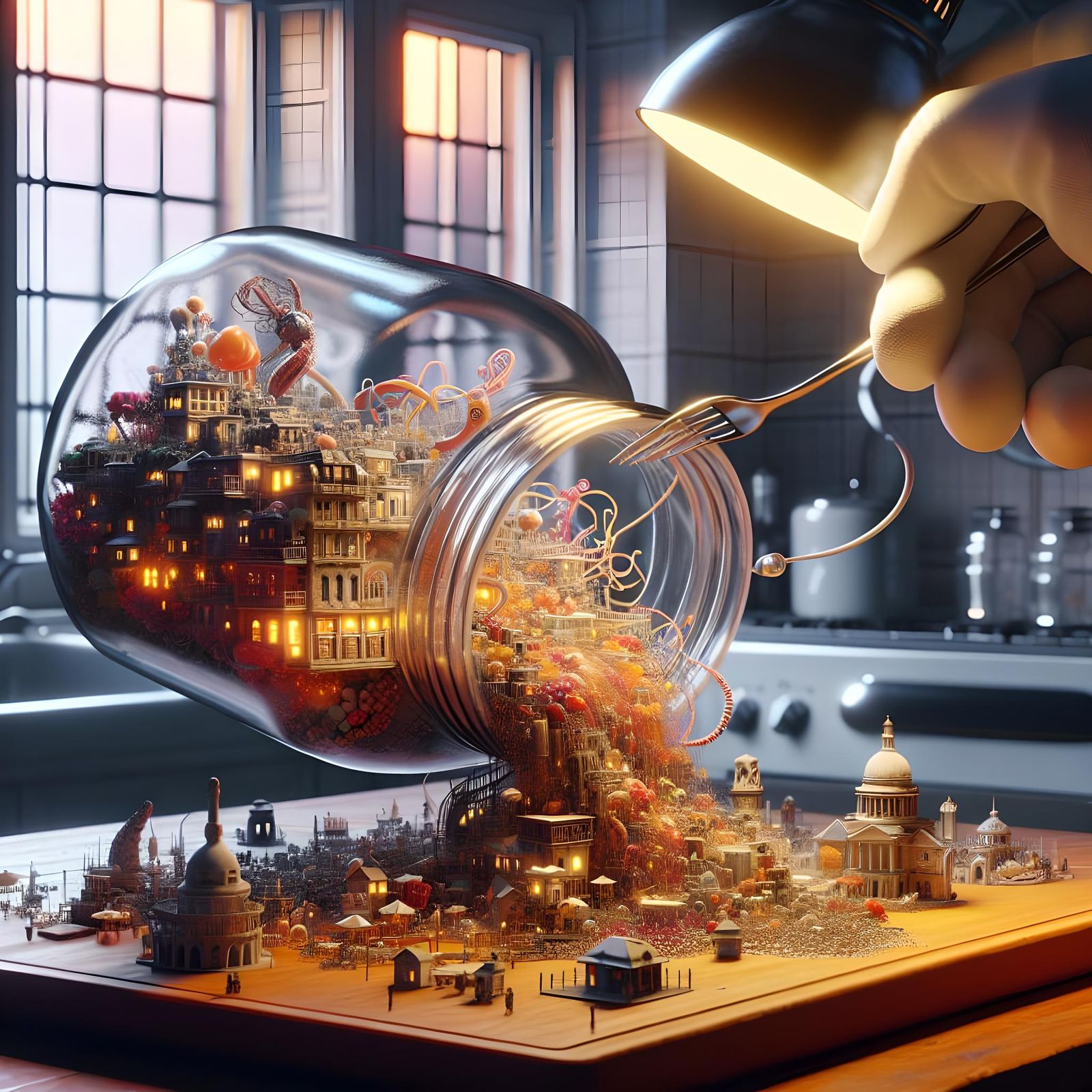 Hyperrealistic Miniature Civilization Spilling From Jar