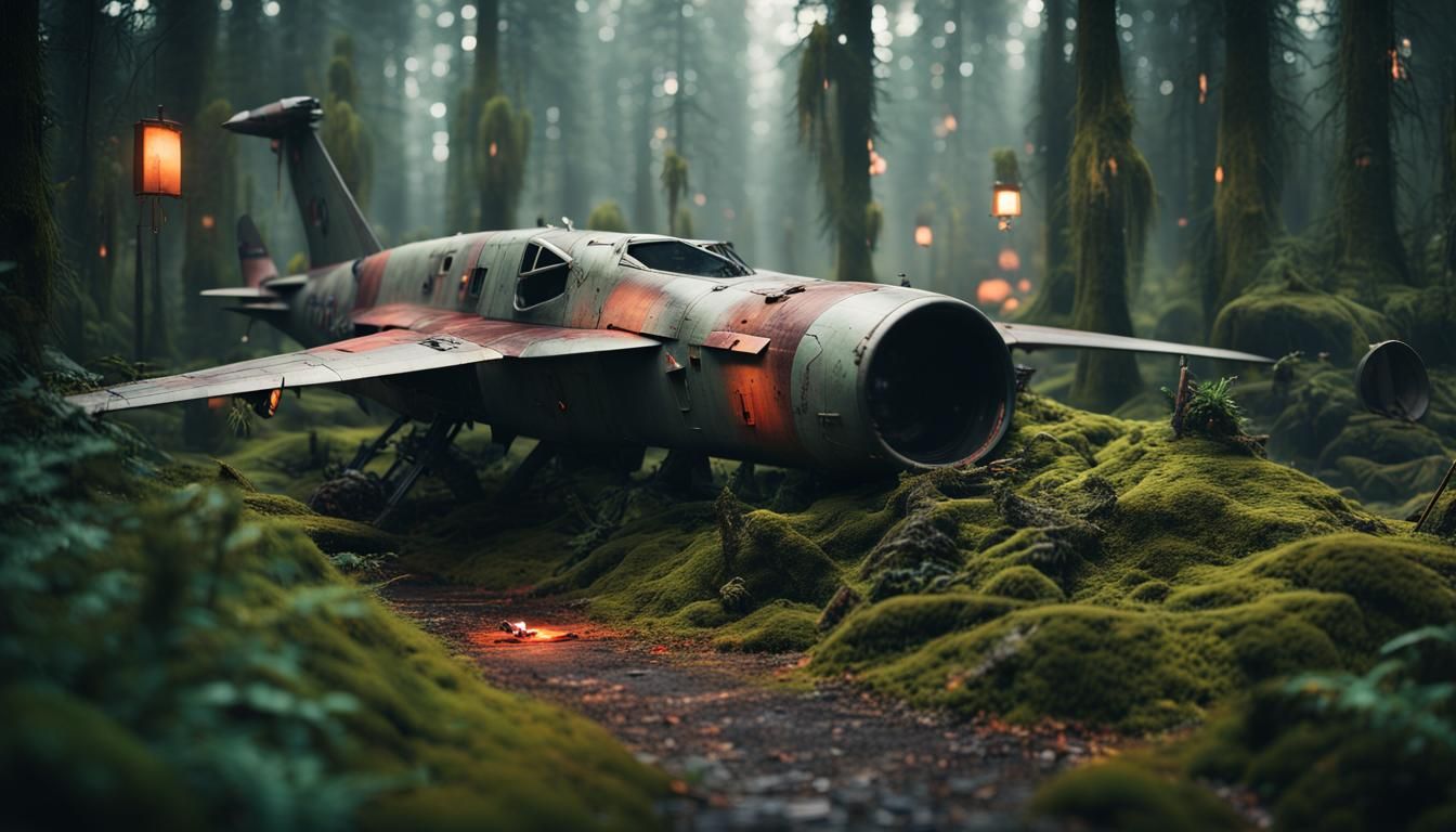 Wrecked Plane in Forest: Cyberpunk 2099 Scene