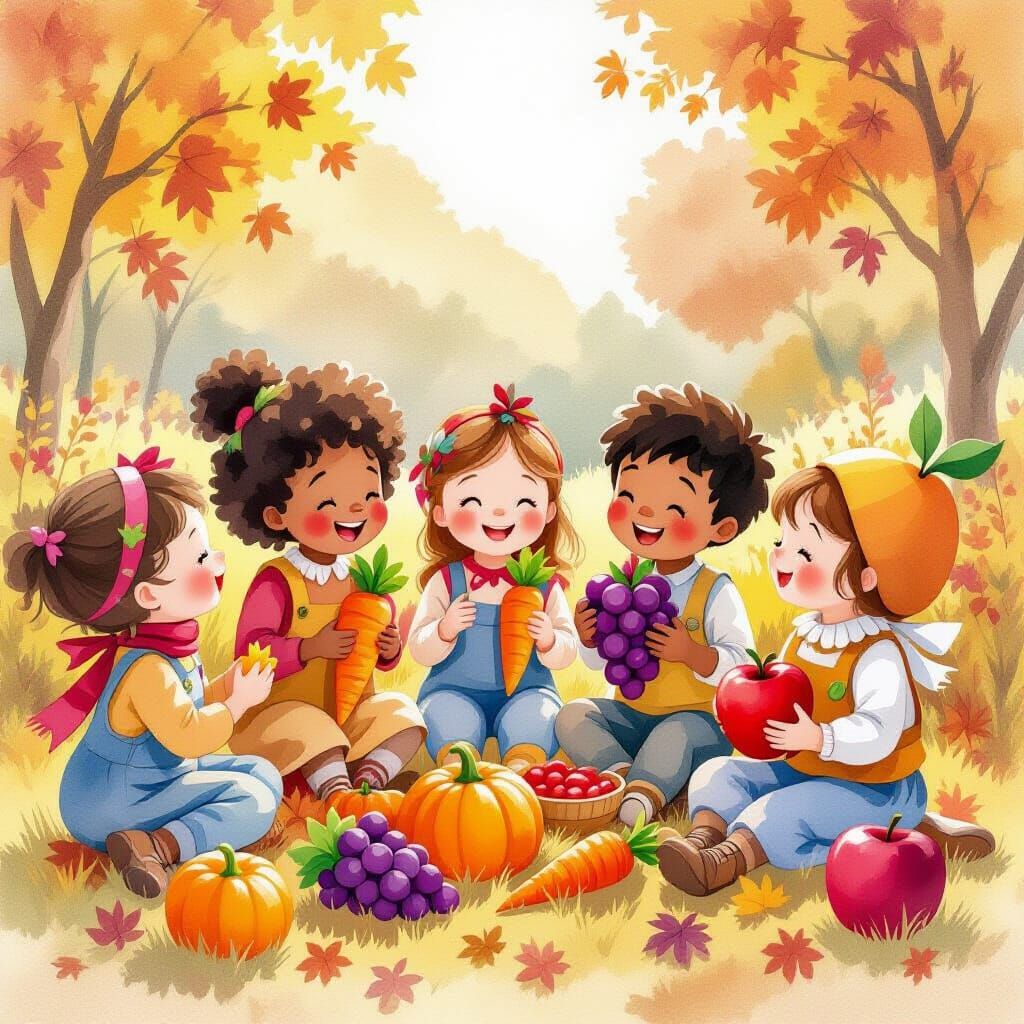 Children Celebrate Autumn Harvest as Fruits and Vegetables
