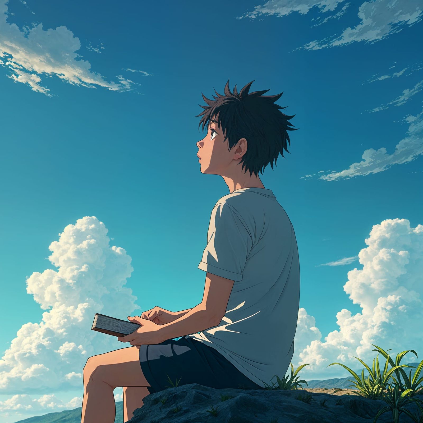 Boy Gazing at Sky: Anime-Style Cinematic Scene