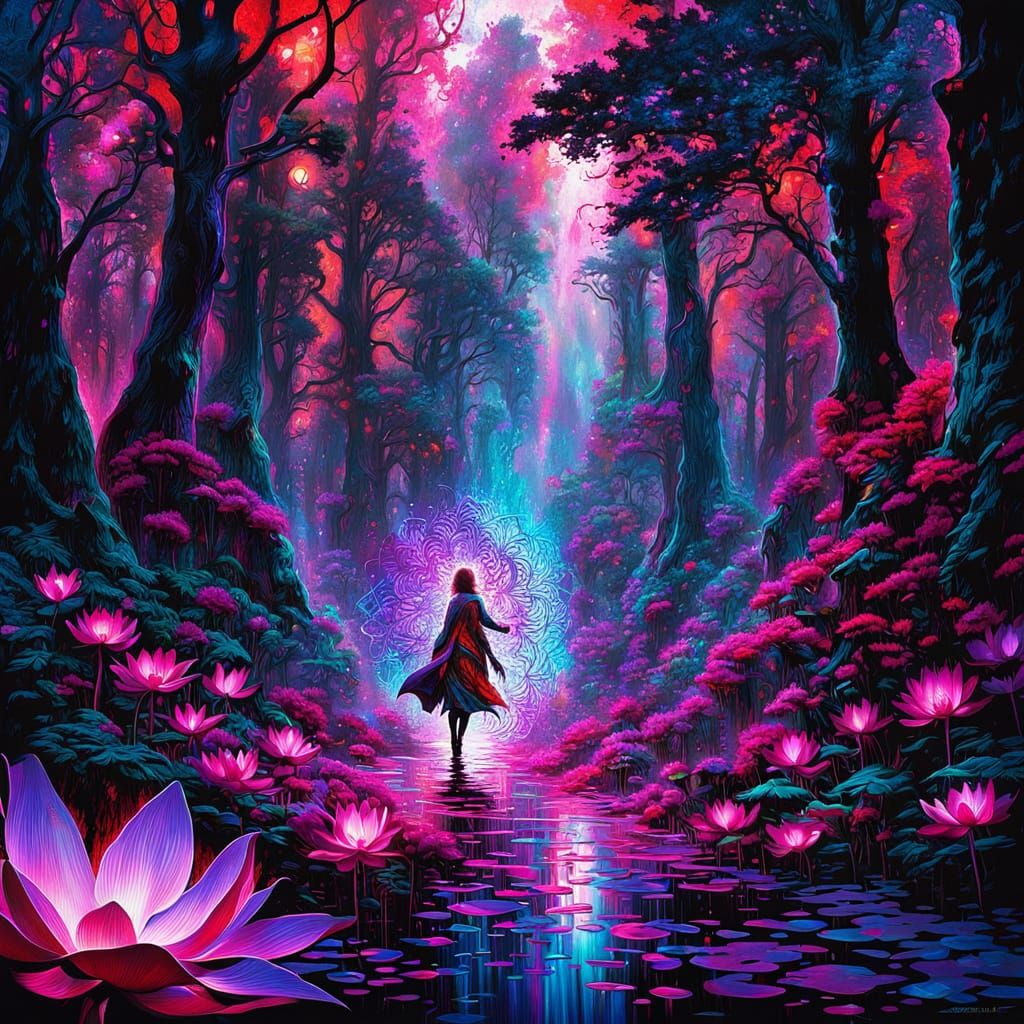 Glowing Lotus in Dark Forest, Fantasy Inkwash Art