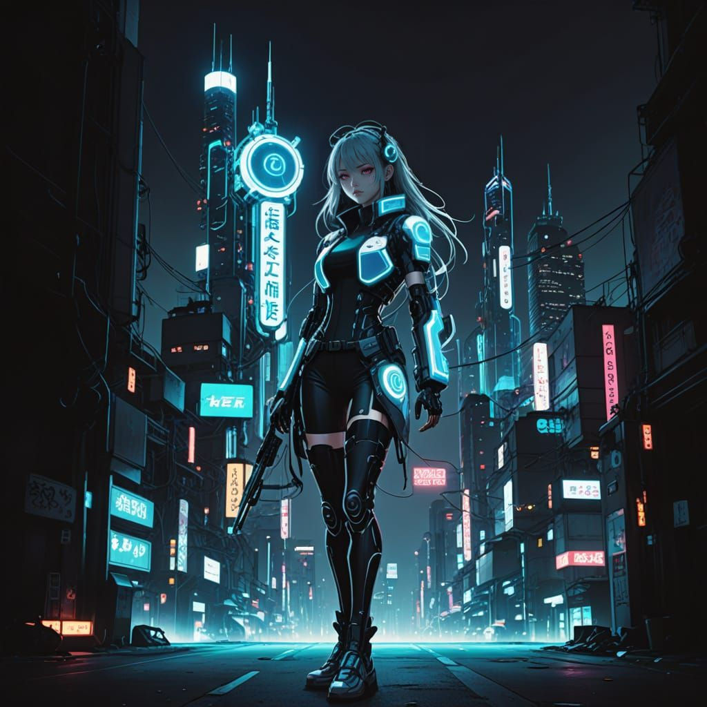 Cyborg Anime Girl with Neon Eyes in Cyberpunk City