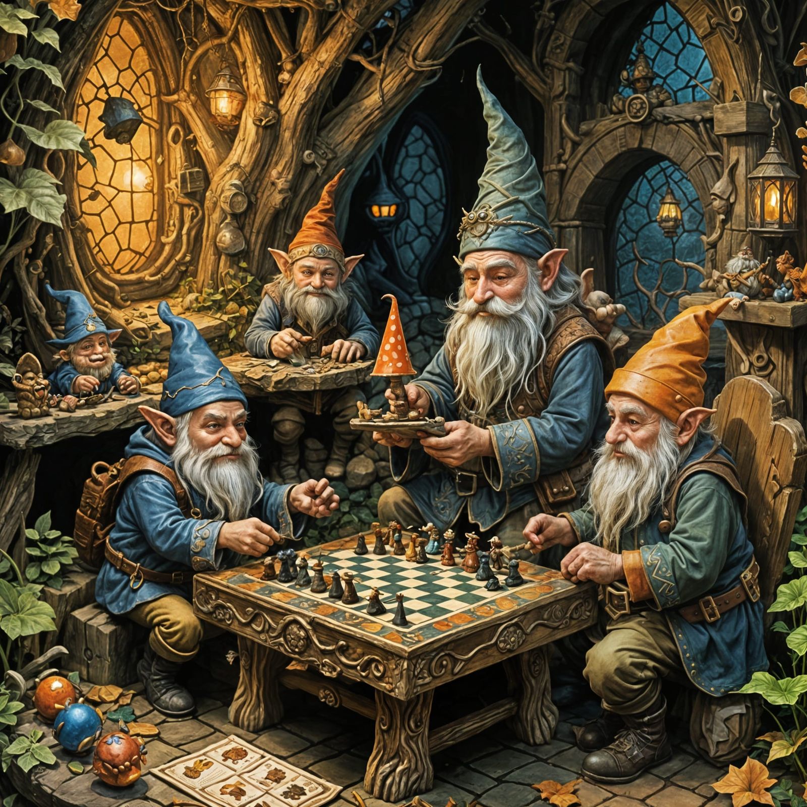 Gnomes Playing Checkers: Storybook Illustration with Dynamic...