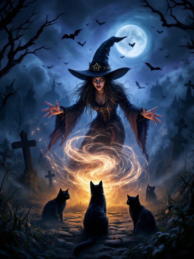 Halloween Witch Casting a Spell in Cemetery