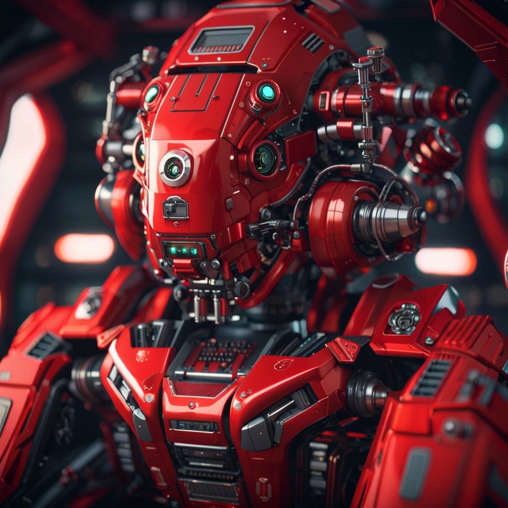 Vintage Red Robot in Red Spaceship Cockpit