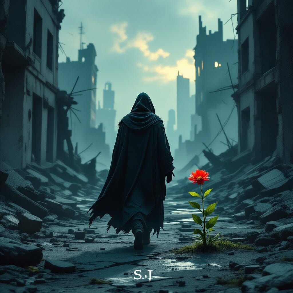 Enigmatic Figure in Post-Apocalyptic Cityscape with Hopeful ...