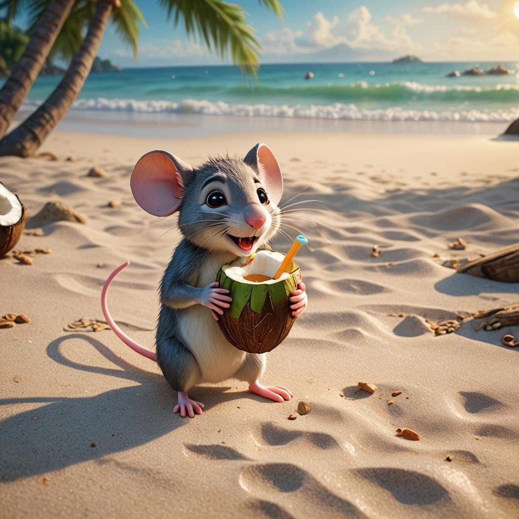 Cute Mouse on Beach: Pixar-Style 3D Art