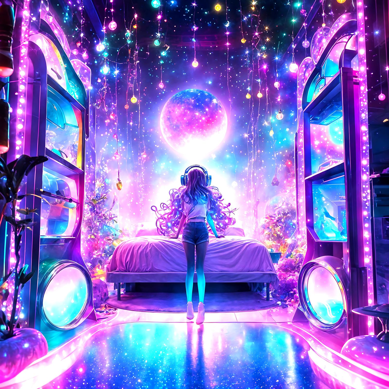 Dreamy Digital Portrait of a Young Woman in a Cozy Bedroom