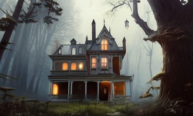 Sinister Victorian Houses in Haunted Woods Pencil Drawing