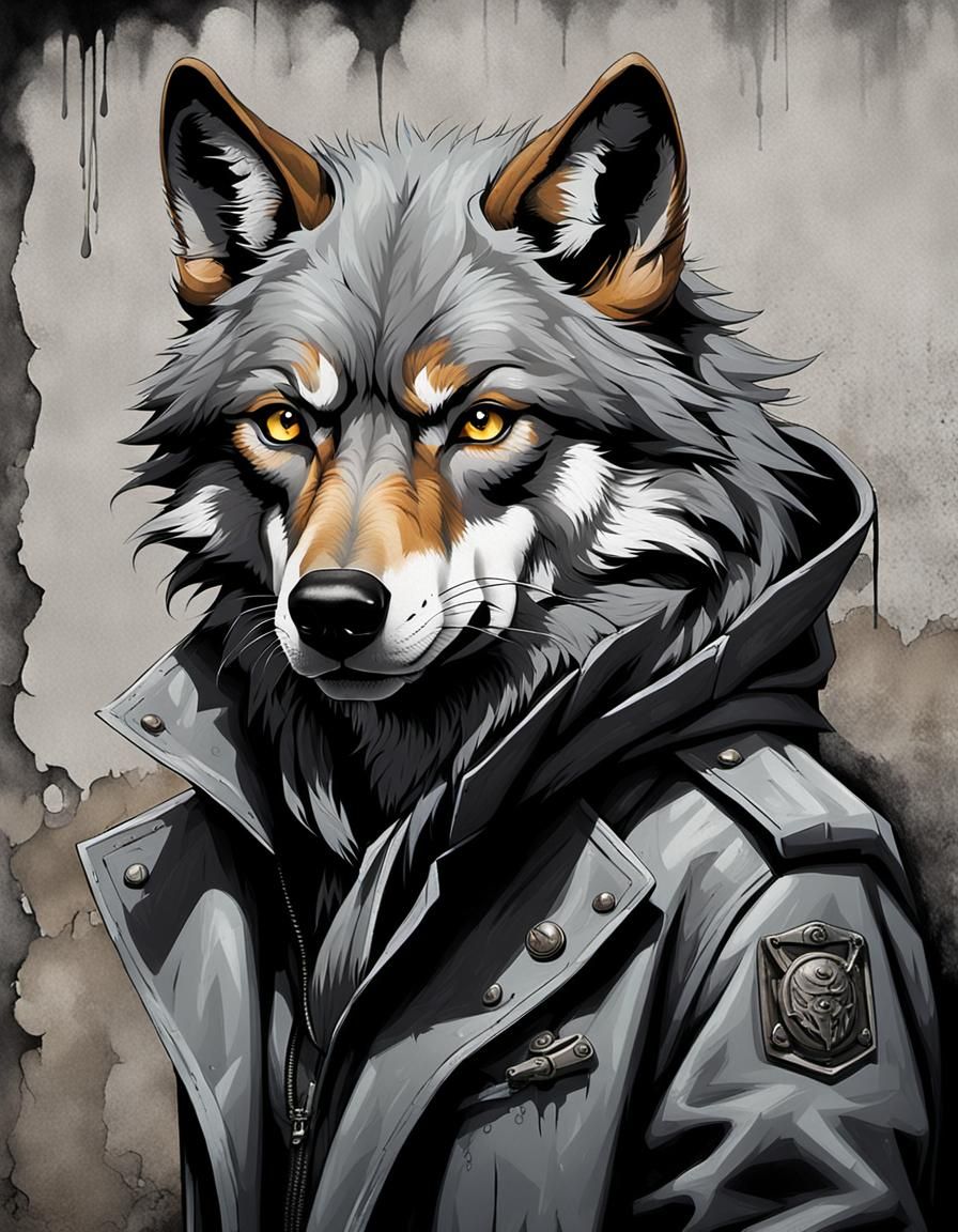 Sinister Wolf Portrait in Dieselpunk Style
