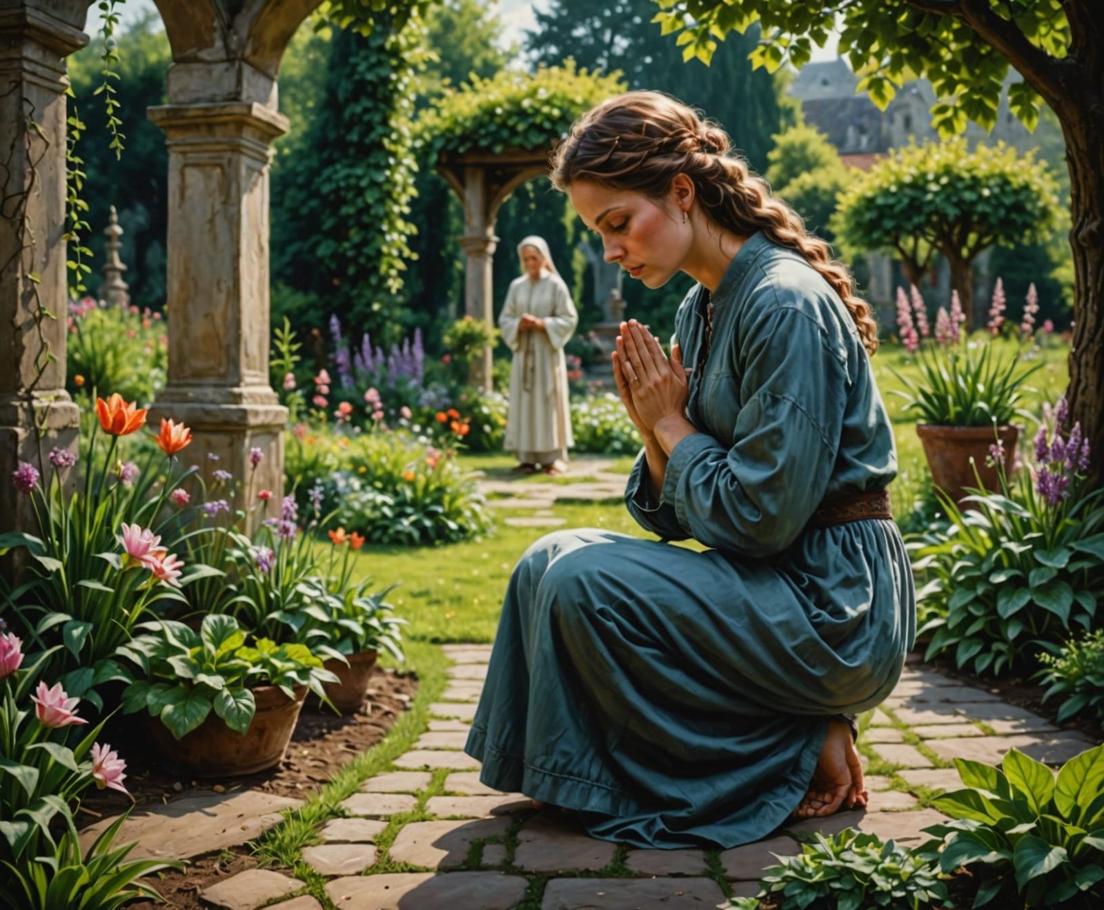 Woman Praying in Garden: Hyperrealistic Cinematic Image