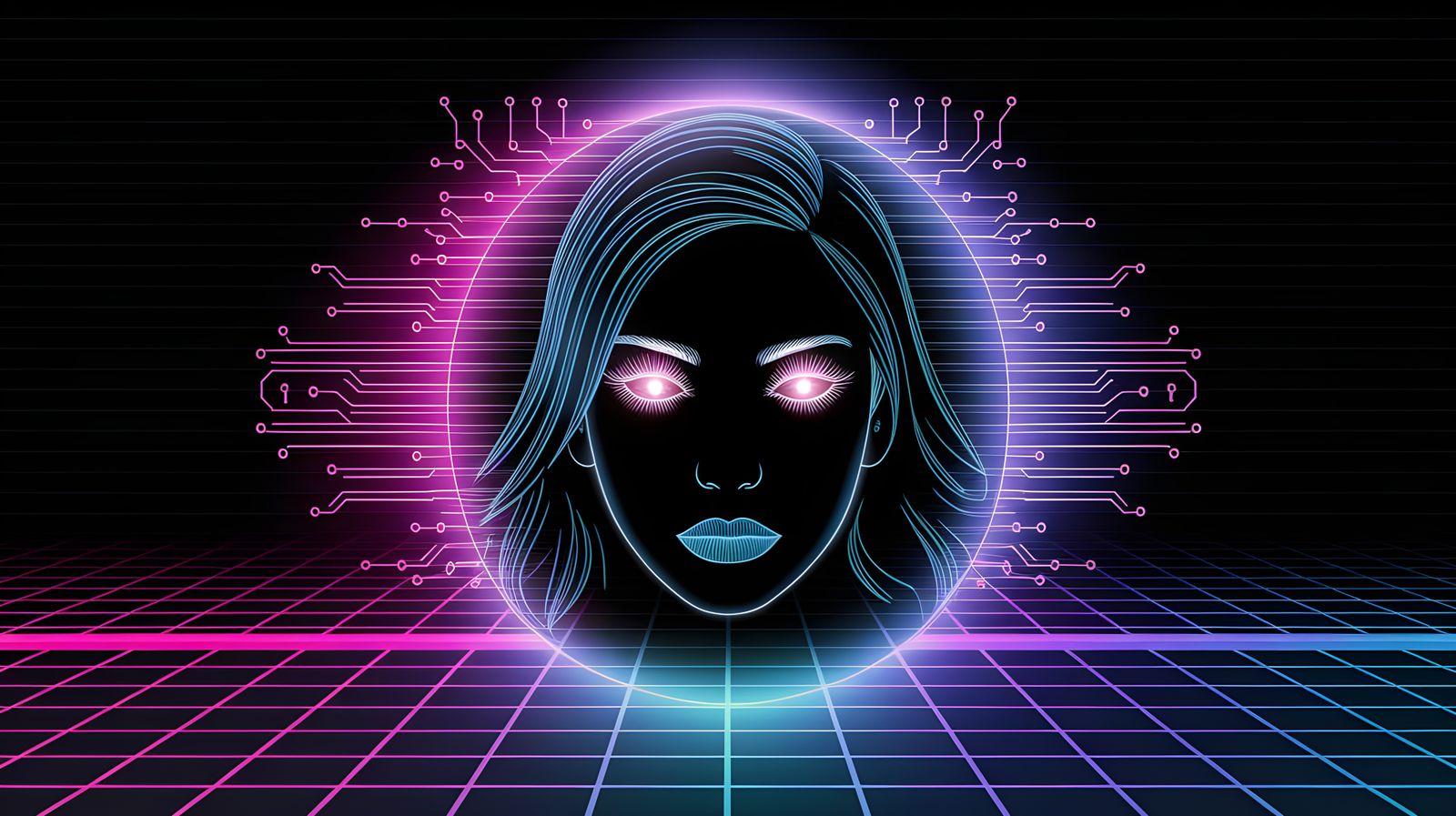 Ethereal Circuit Board Goddess in Neon Synthwave Aesthetic