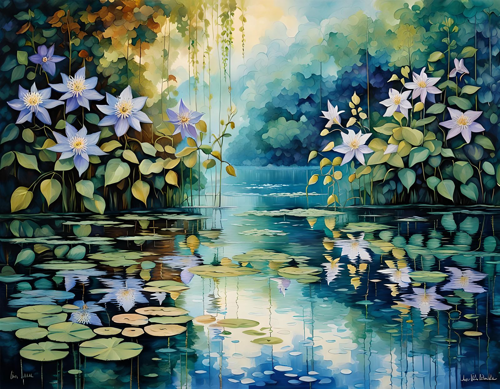 Garden Lake Reflections in Expressionist Painting Style