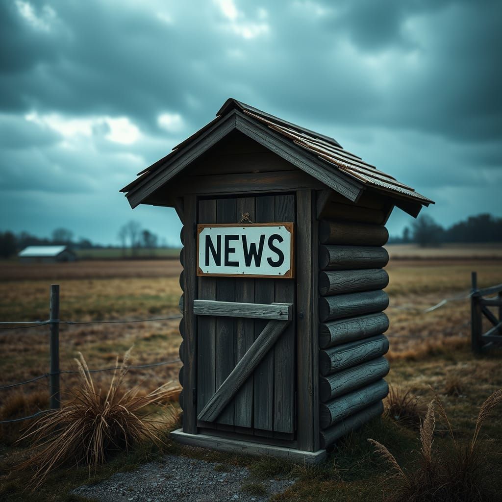 Rustic Newsstand Merges with Outhouse in Hyperrealistic Farm...