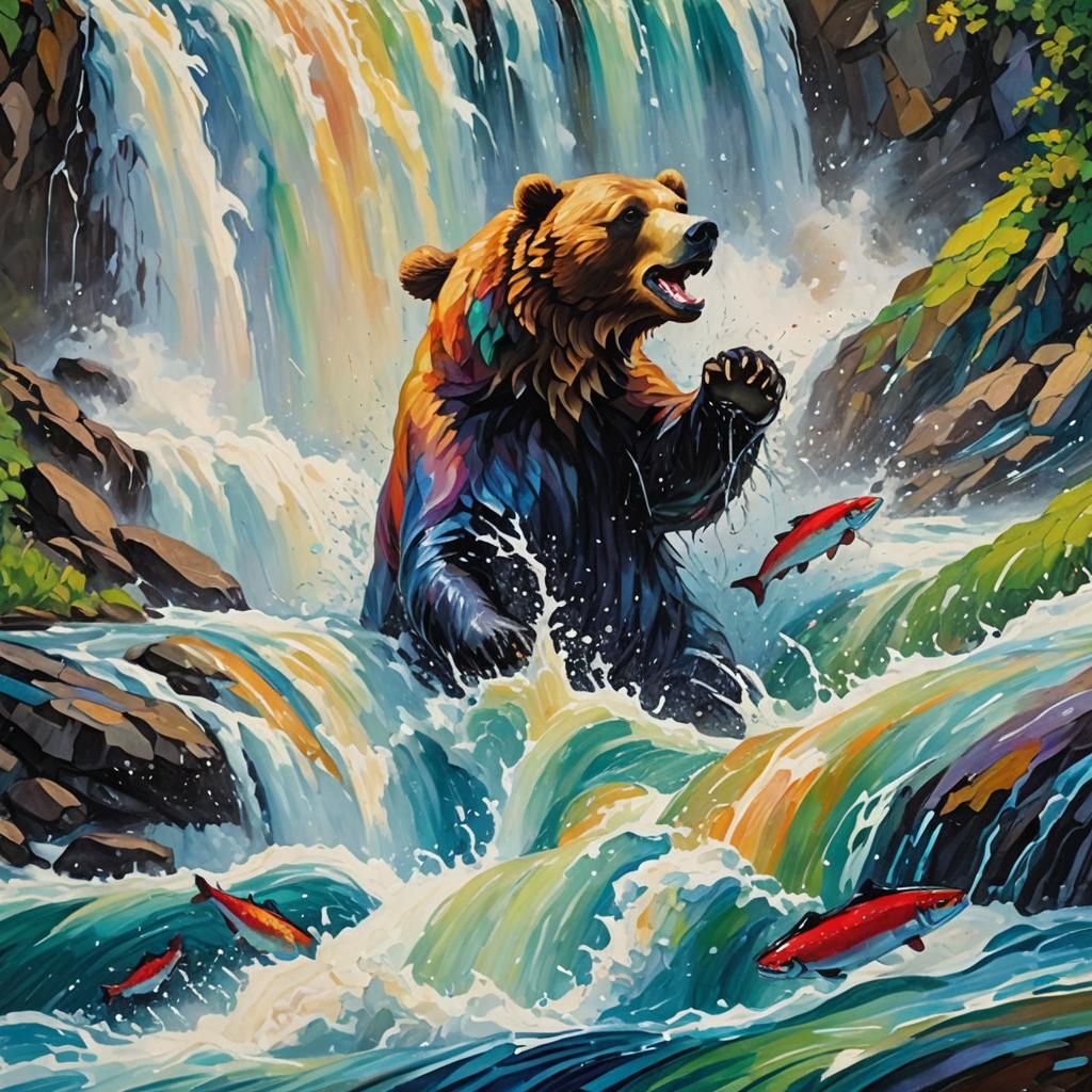 Bear Catching Salmon: Neo-Impressionist Expressionist Oil Pa...