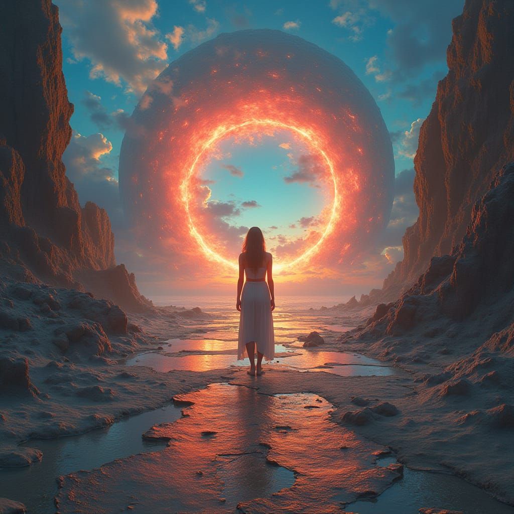 Woman at Cracked Horizon of Alternate Reality