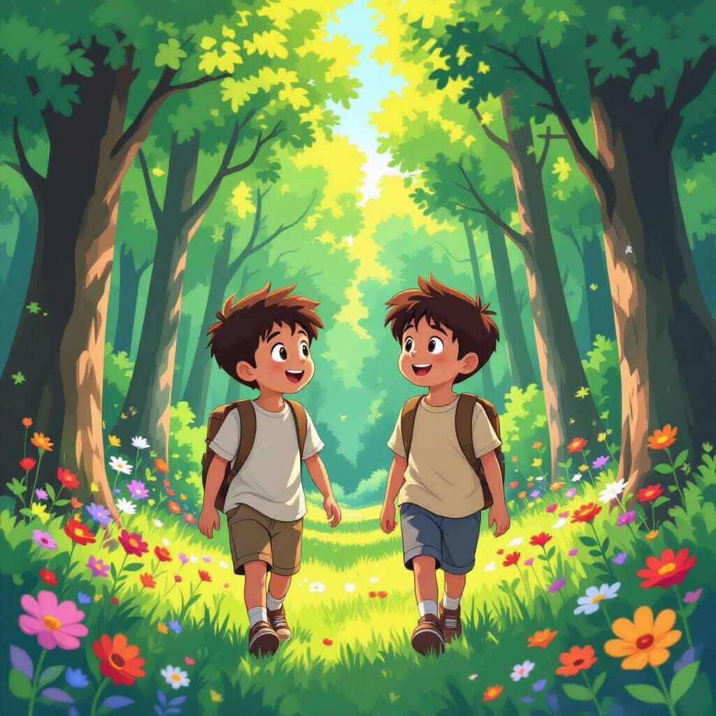 Boys Chatting in a Sunny Cartoon Forest